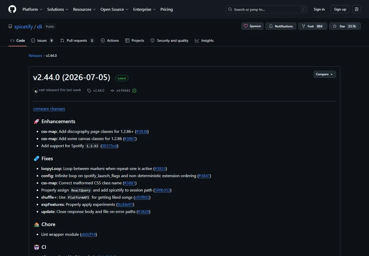 Official GitHub release page for Spicetify version 2.44.0