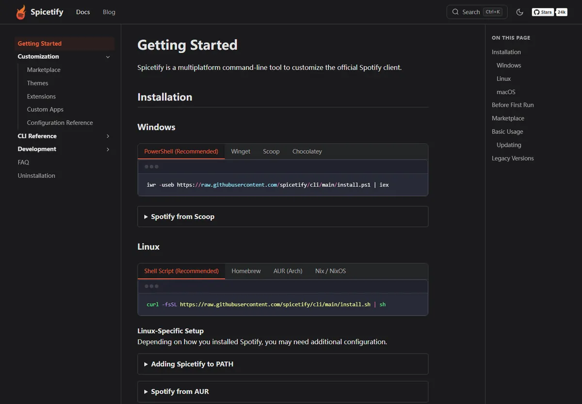 Official Spicetify Getting Started documentation showing Windows and Linux install commands